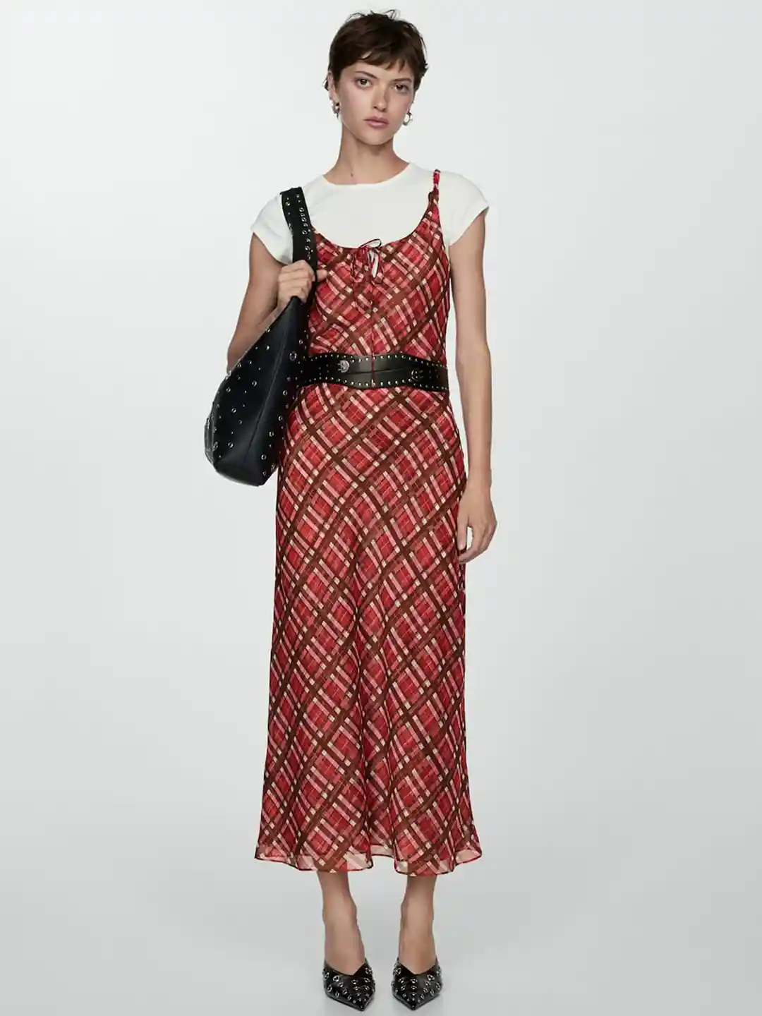 Buy MANGO Checked Tie-Up Neck A-Line Midi Dress Dresses for