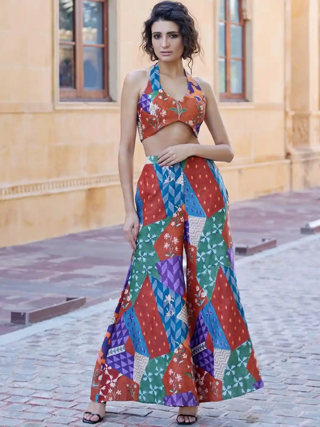 Buy AMROOD Printed Halter Neck Crop Top Palazzo With Jacket Co