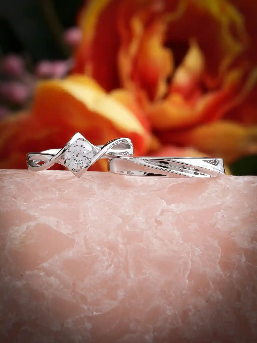 DIAVO Set Of 925 Sterling Silver Rhodium-Plated Stone-Studded Couple  Finger Rings