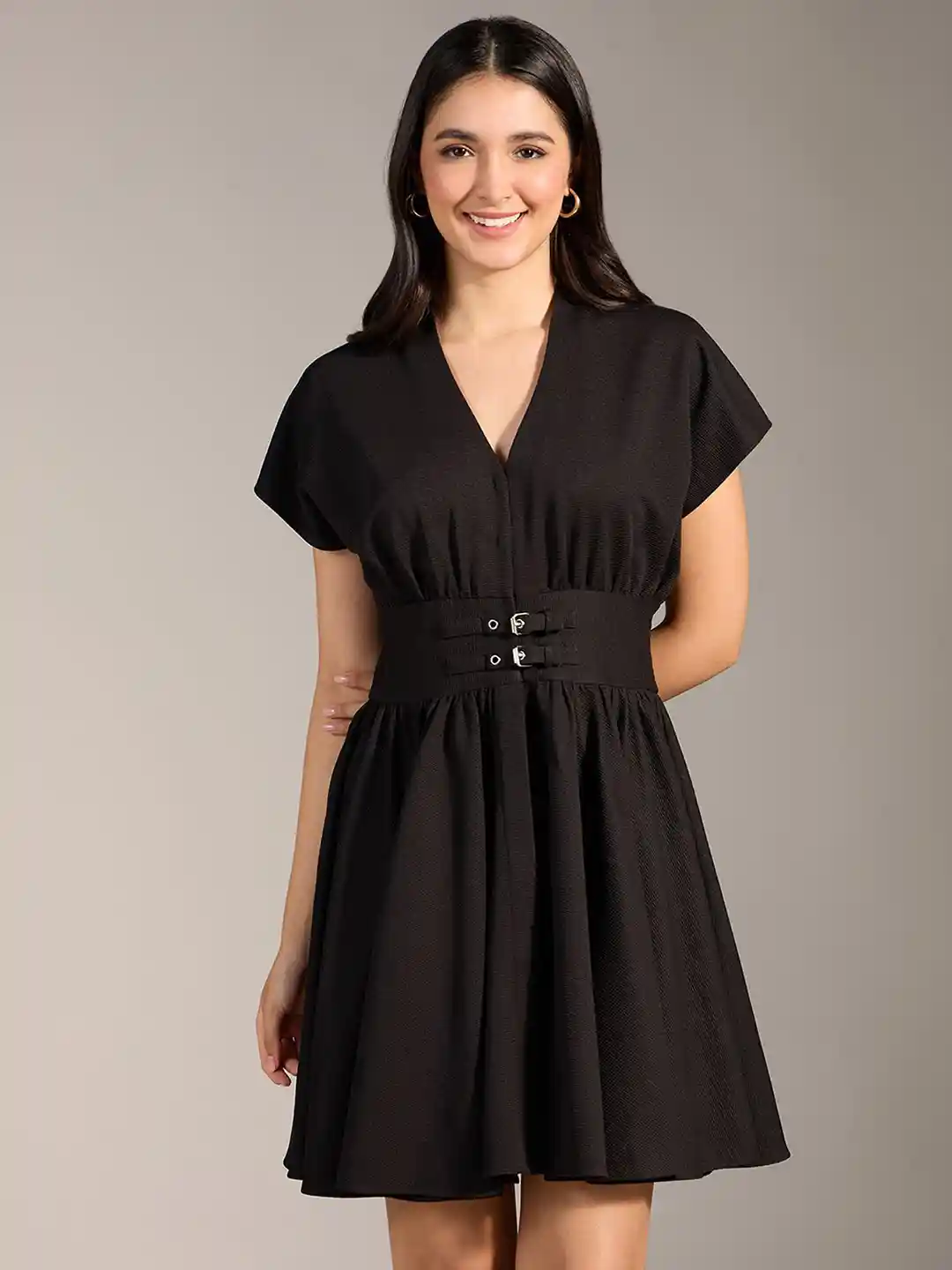 Buy 20Dresses Women's Fit Flare Solid V Neck Short Sleeves