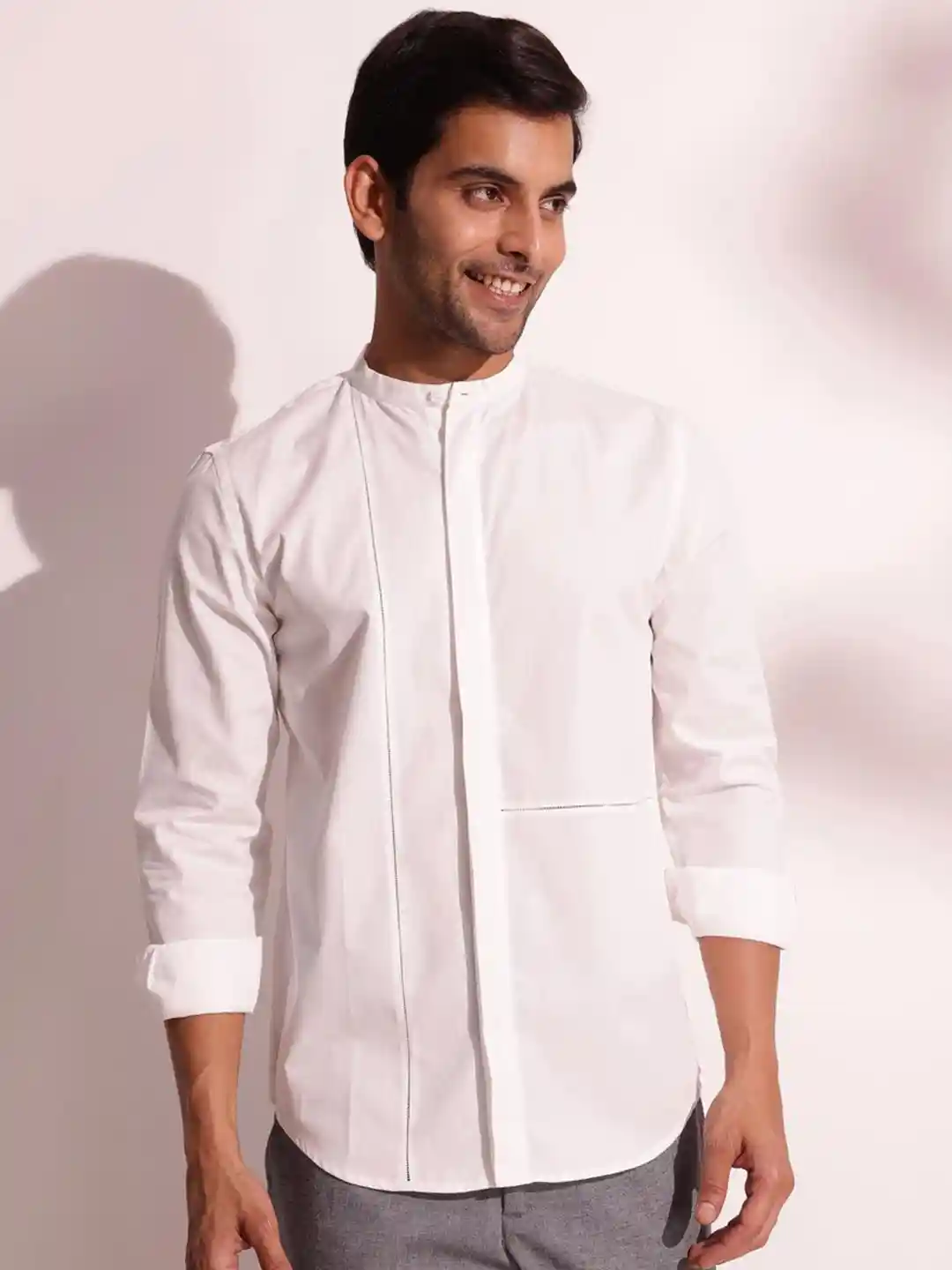 Fabindia Men Band Collar Solid Cotton Slim Fit Party Shirt