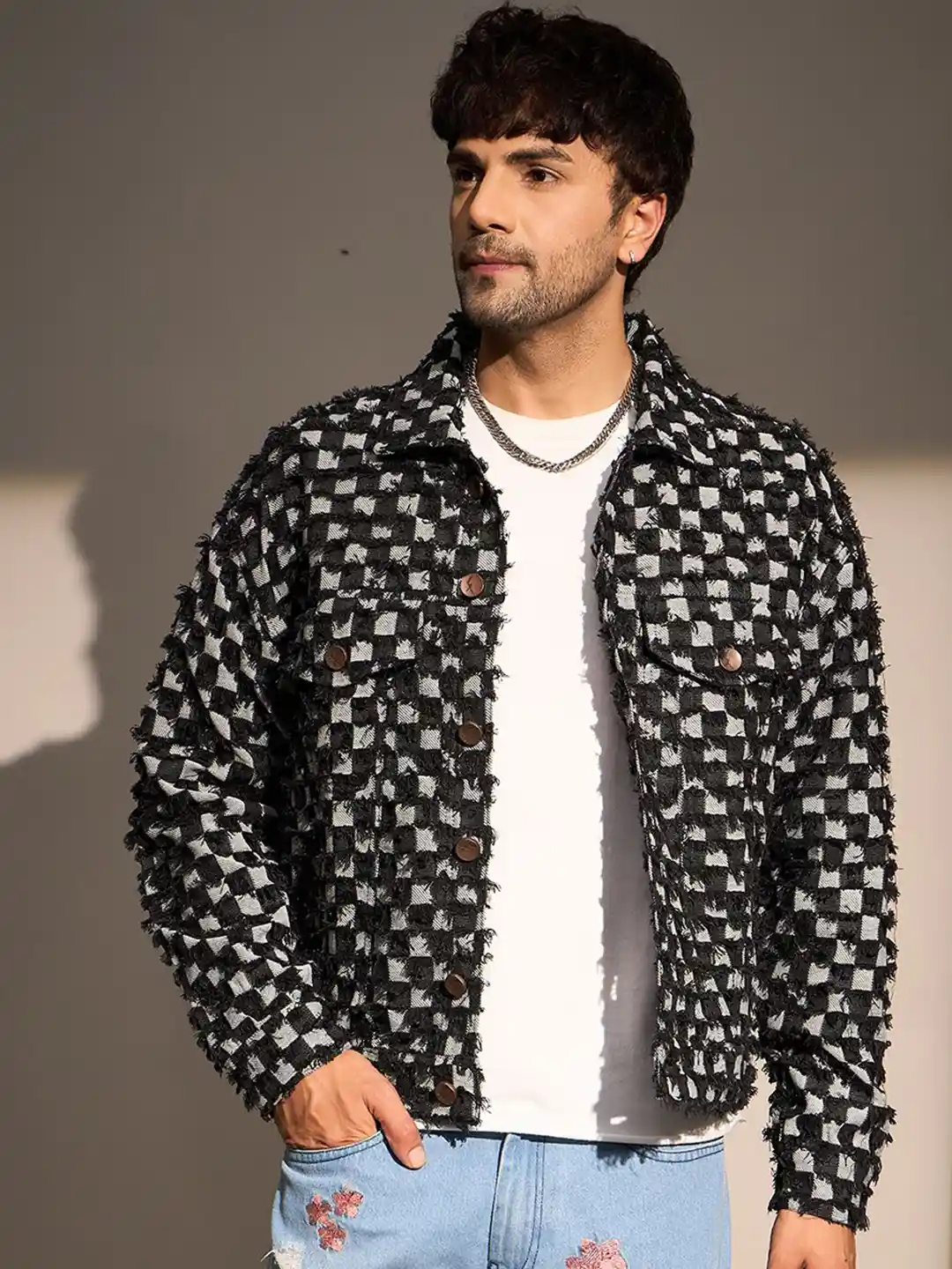 Jeans White Check Jacket FUGAZEE Men Cotton Checked Denim Jacket - Main Image