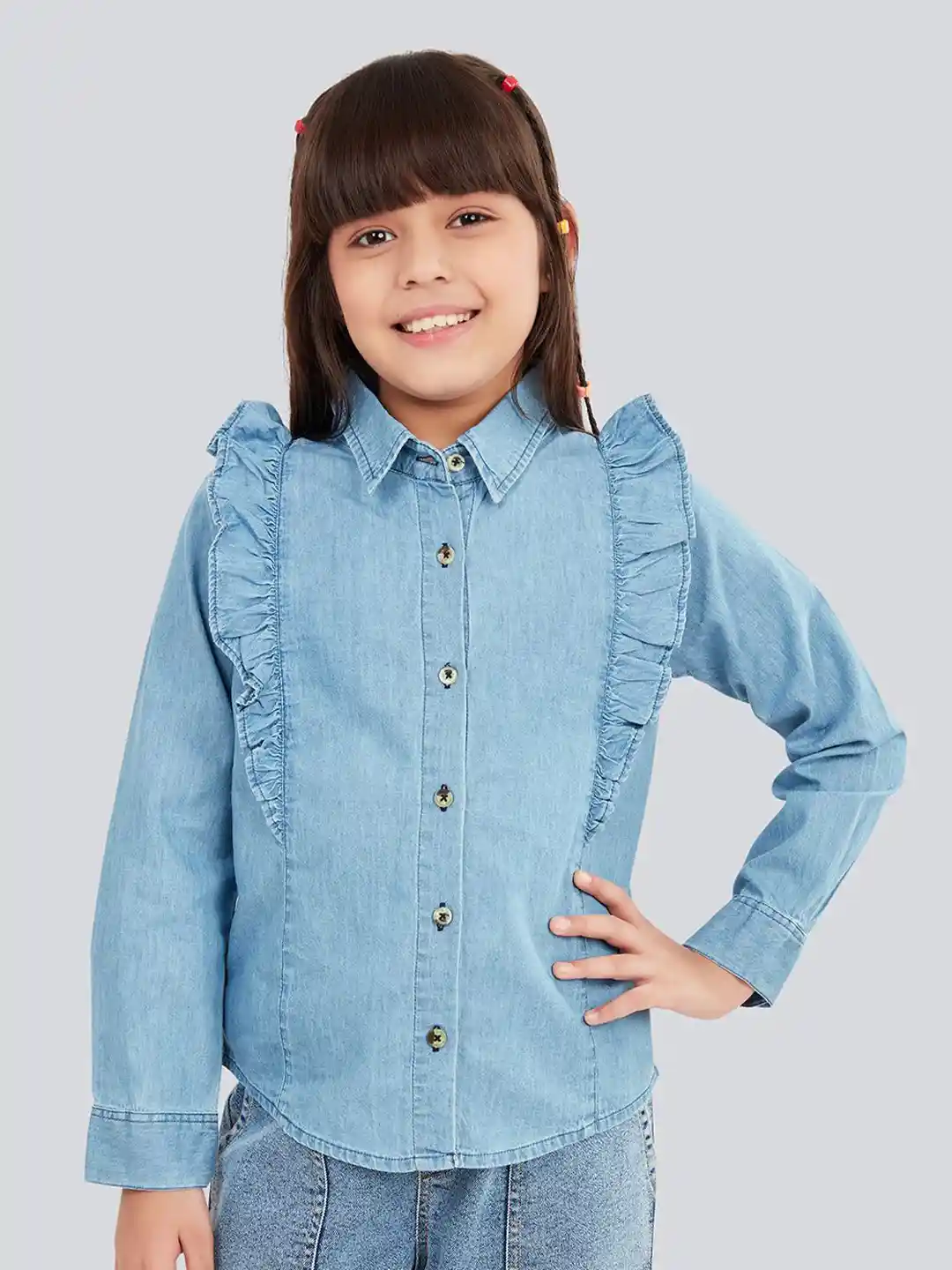 Olele Girls Cotton Denim Button Down Ruffle Shirt Light Blue - Main Image