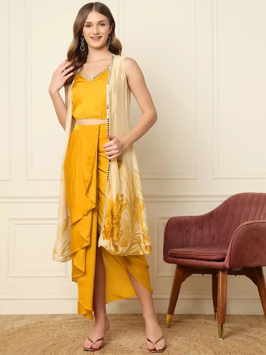 Buy DEEBACO Women Printed Crop Top Dhoti Pants With Shrug Co