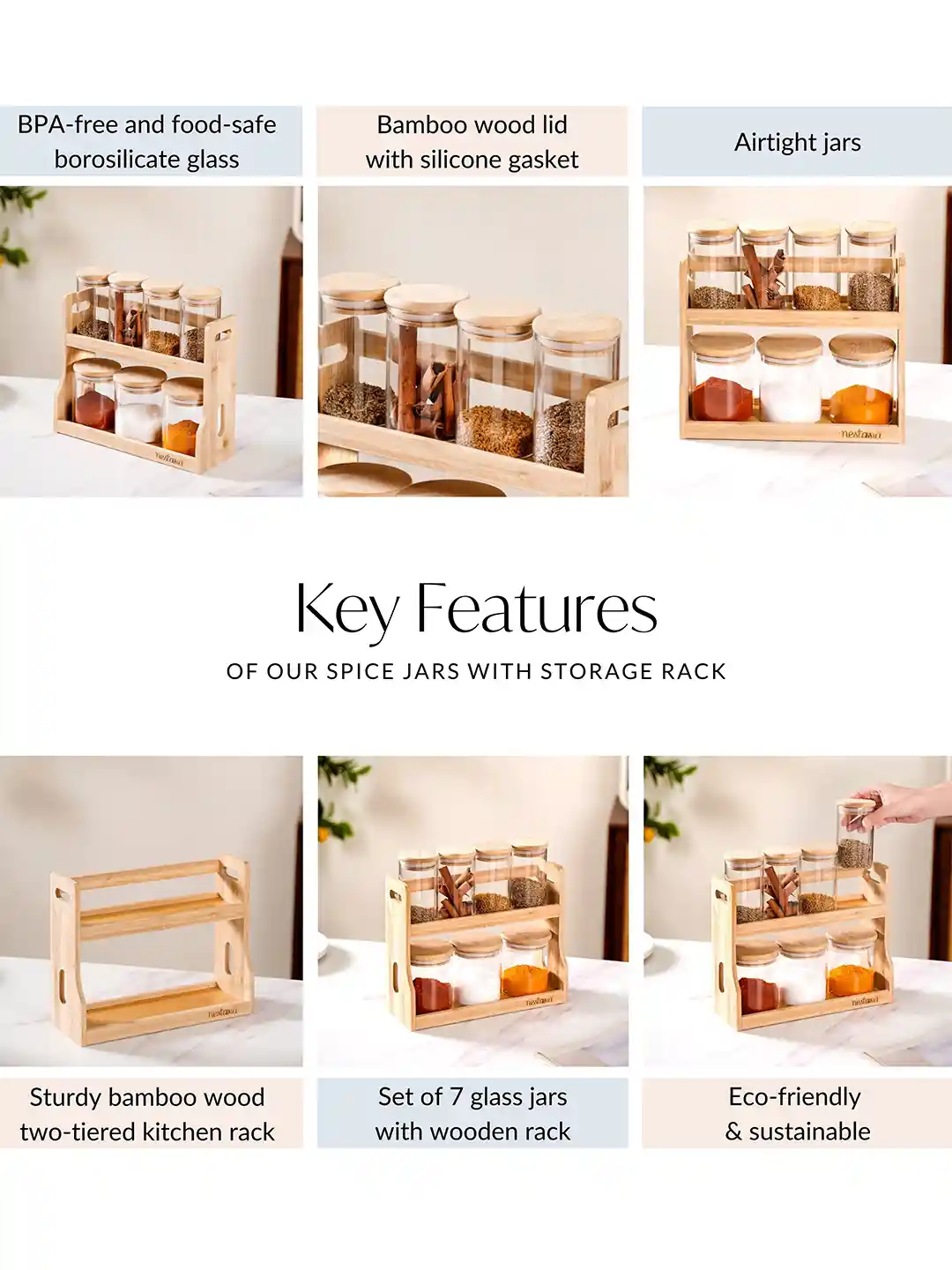 Nestasia Transparent Beige Pieces Glass Spice Jars With Storage Rack