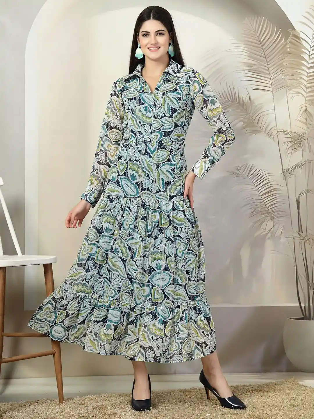 Buy plusS Women Floral Printed Shirt Collar Maxi Dress Dresses