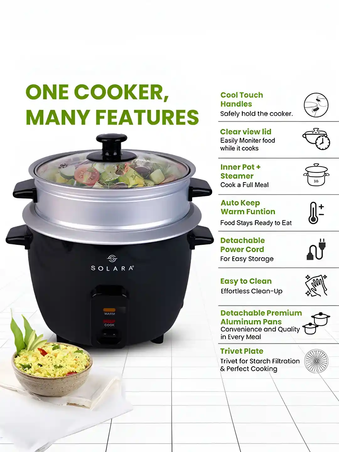 Buy Solara OneTouch Black 400W Automatic Electric Rice Cooker With