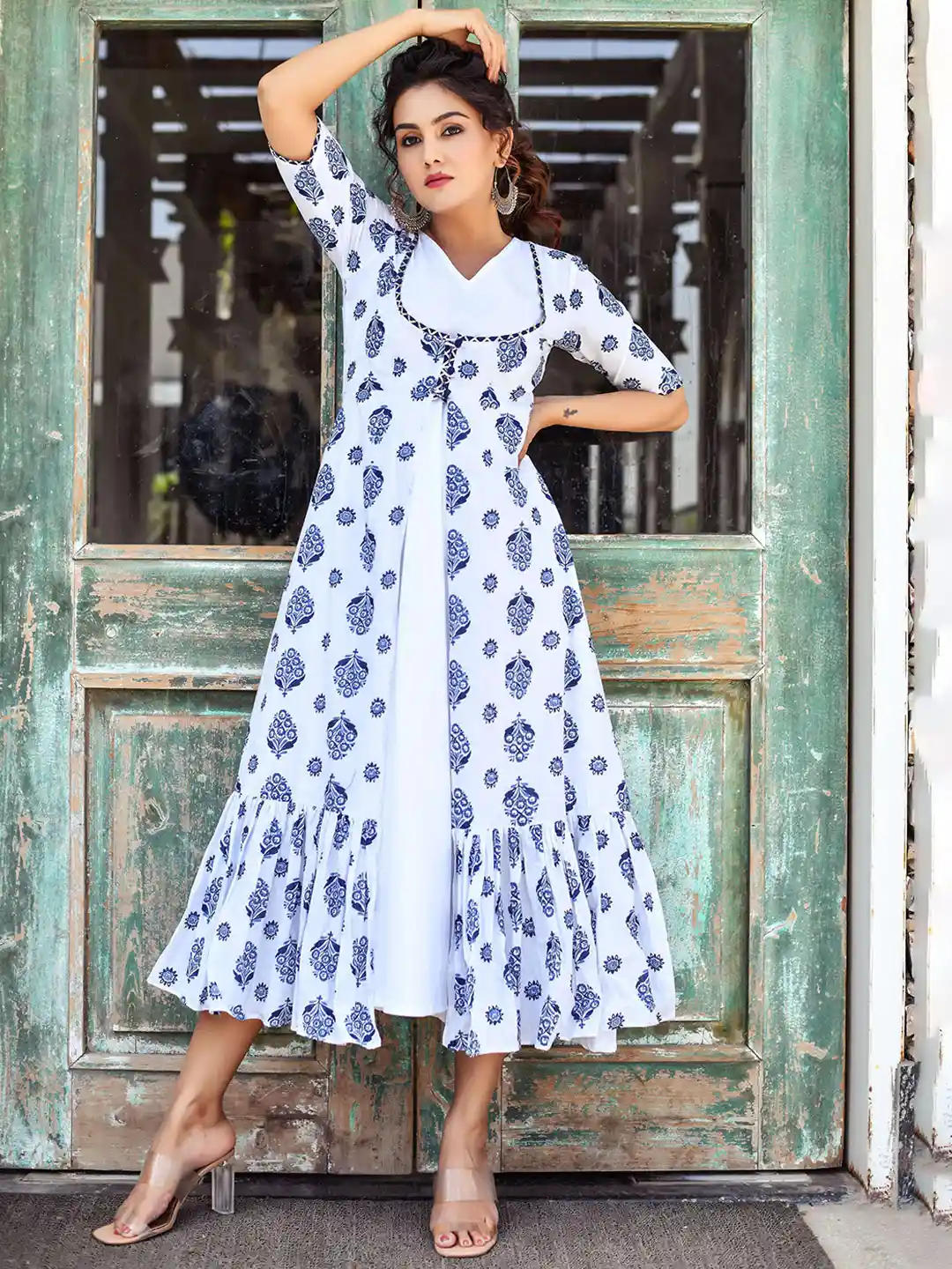 Buy Anastay Clothing White ,Blue Printed A-Line Jacket Women