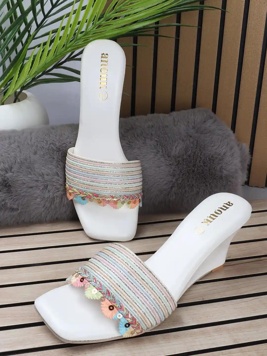 Buy Anouk Striped Ethnic Embellished Wedge Heel Sandals Heels