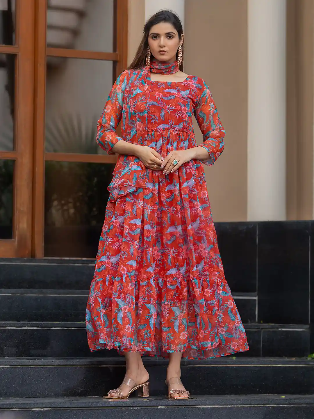 Georgette Dress Red Floral Print Maxi Dress Buy Now Rose Red Long
