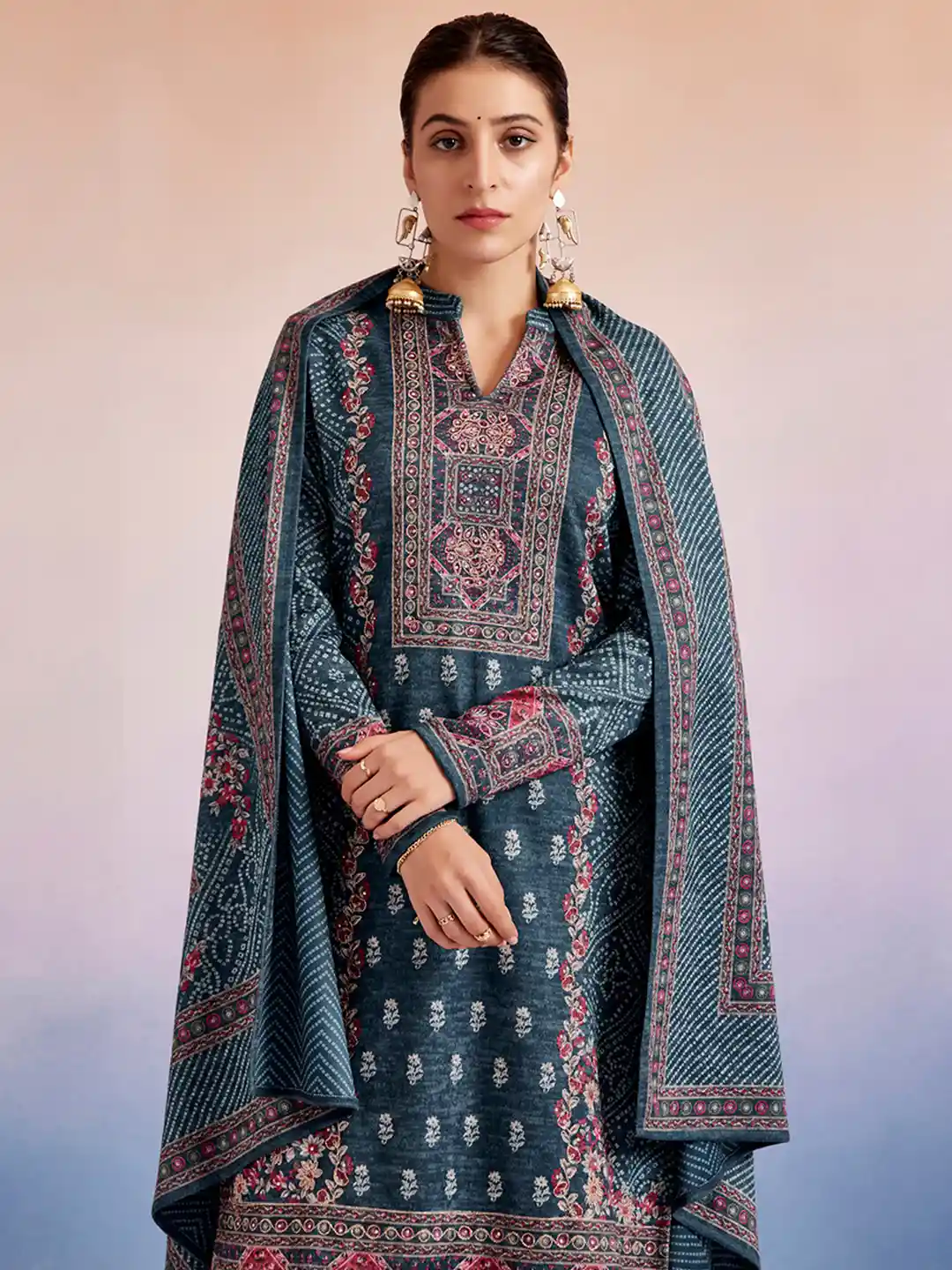 Buy Jaipur Kurti Woolen Floral Printed Kurta Set with Dupatta