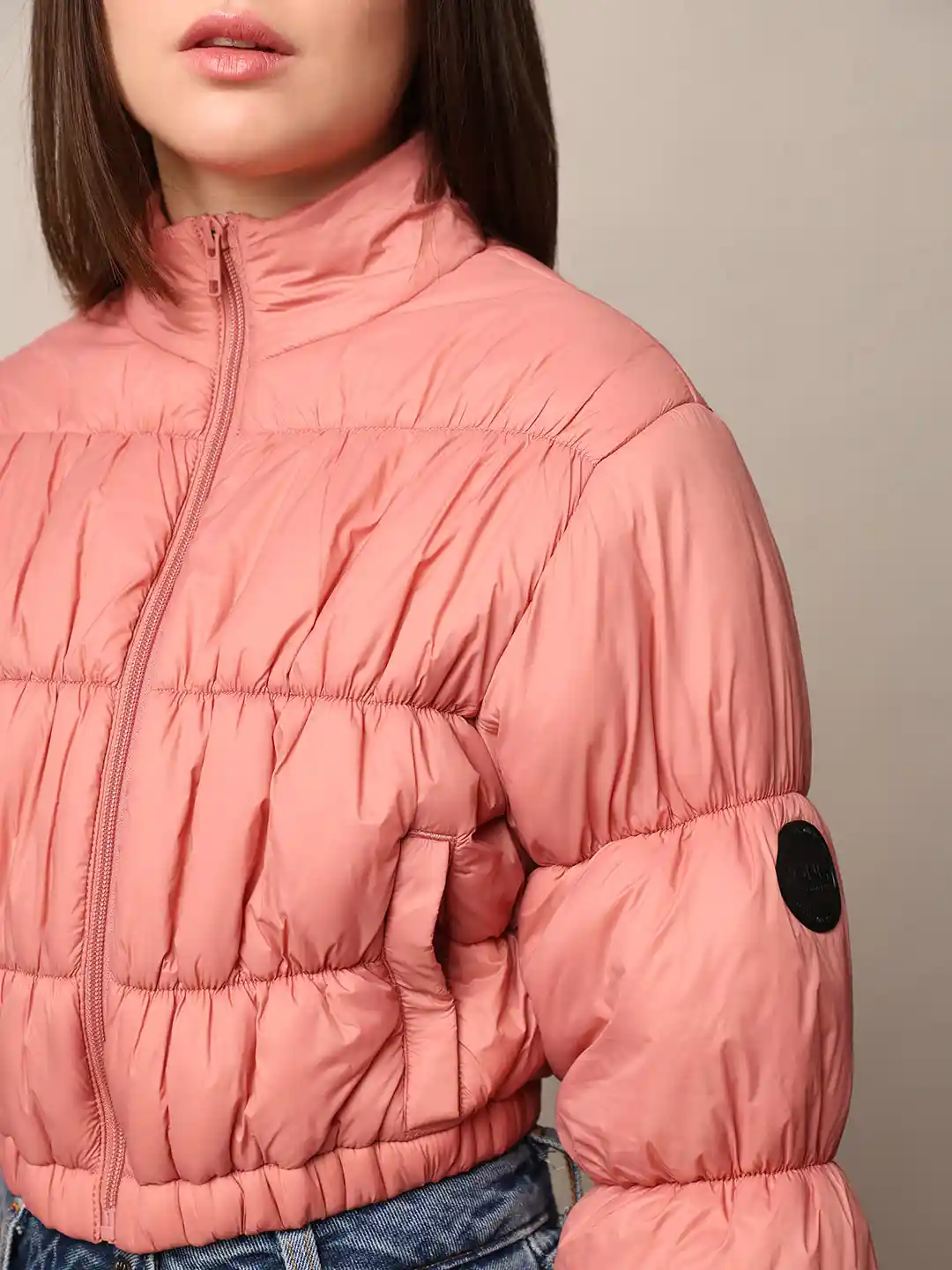 ONLY Women Mock Collar Solid Nylon Casual Puffer Jacket