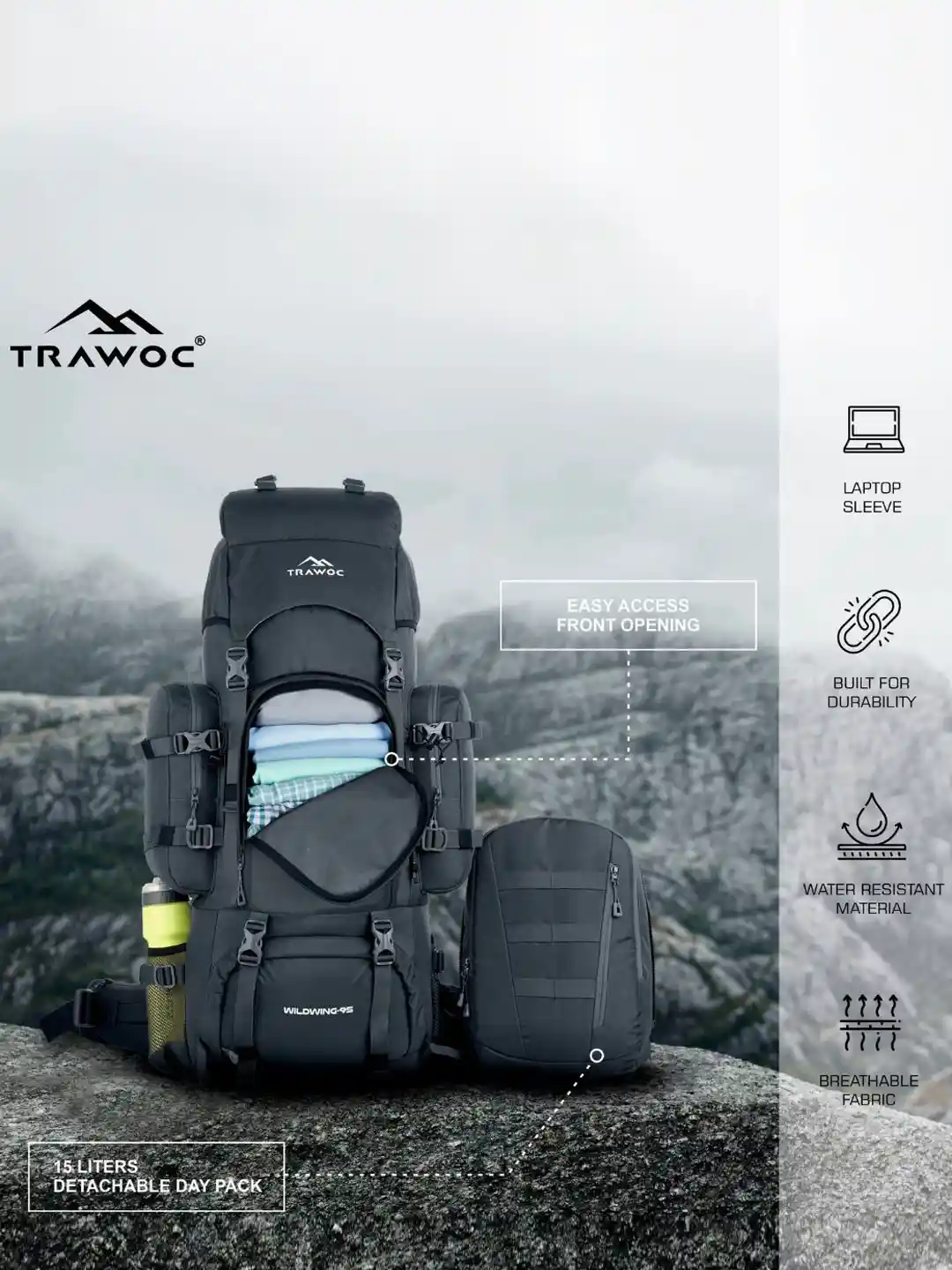 TRAWOC WILDWING 95L Solid Rucksack With Internal Frame Detachable Daypack