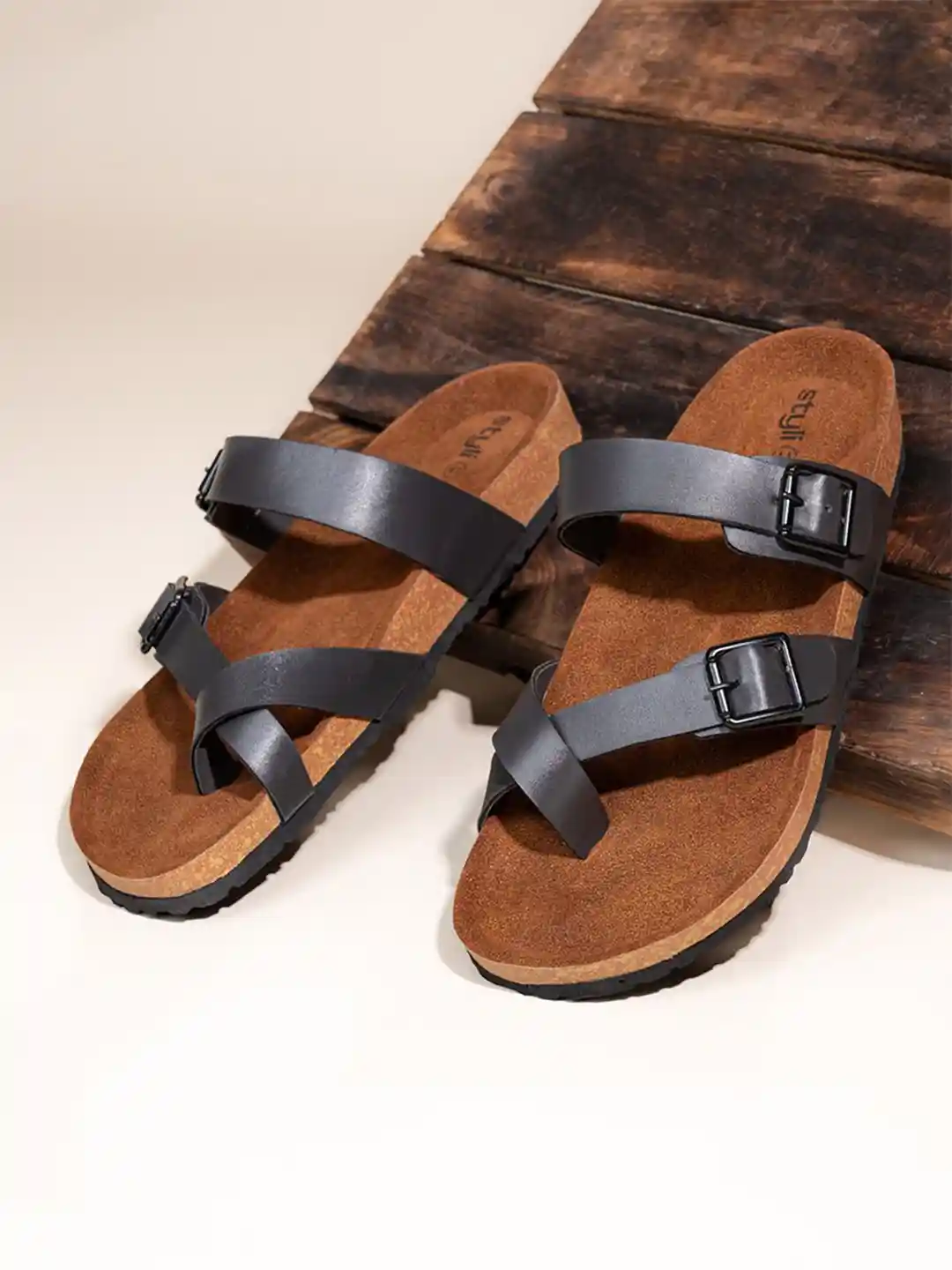 Buy Styli Men Grey Toe Loop Double Buckle Straps Comfort Sandals