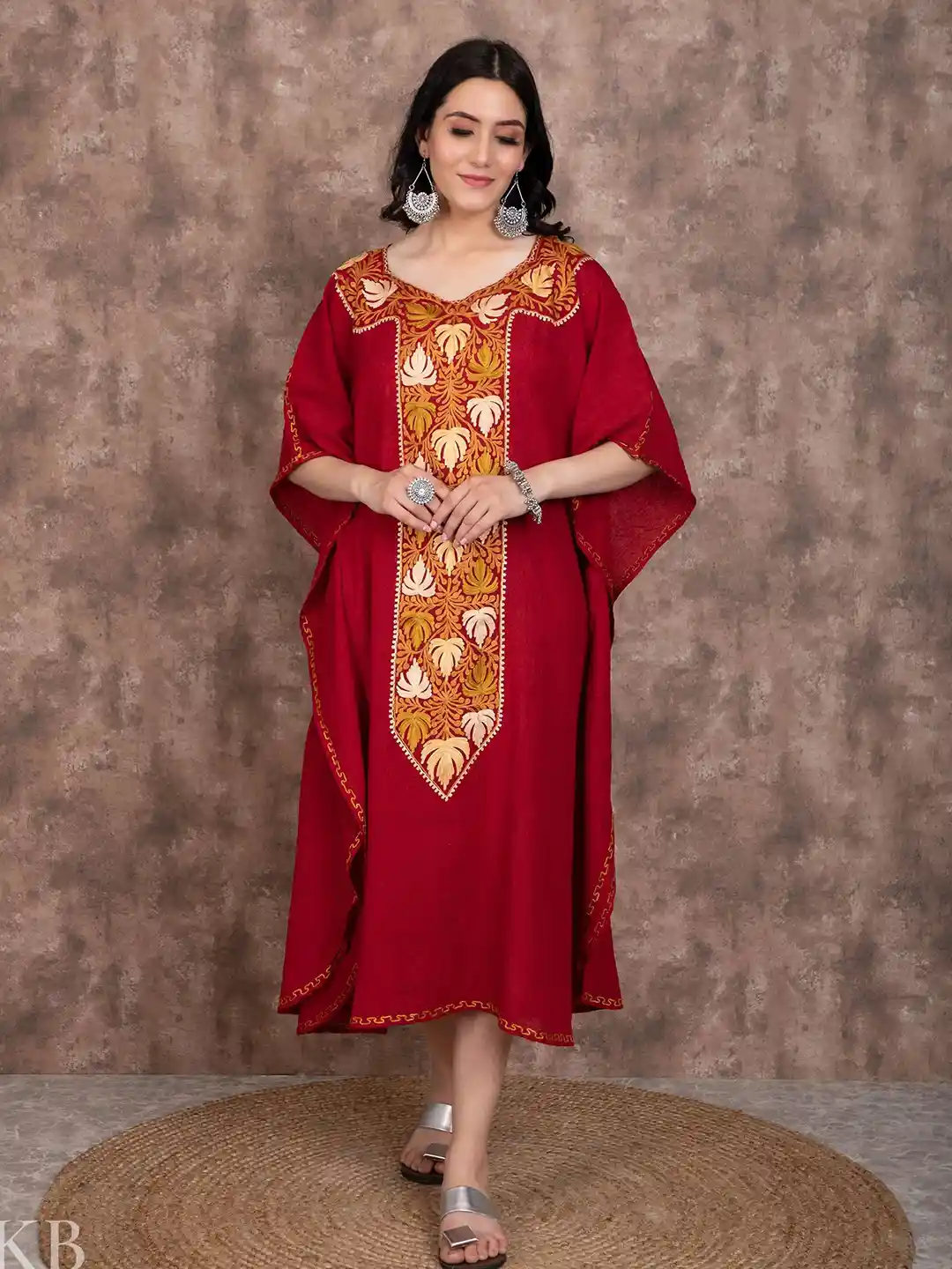 Buy Kashmir Box Kashmiri Aari Embroidered Maroon Cotton Kaftan
