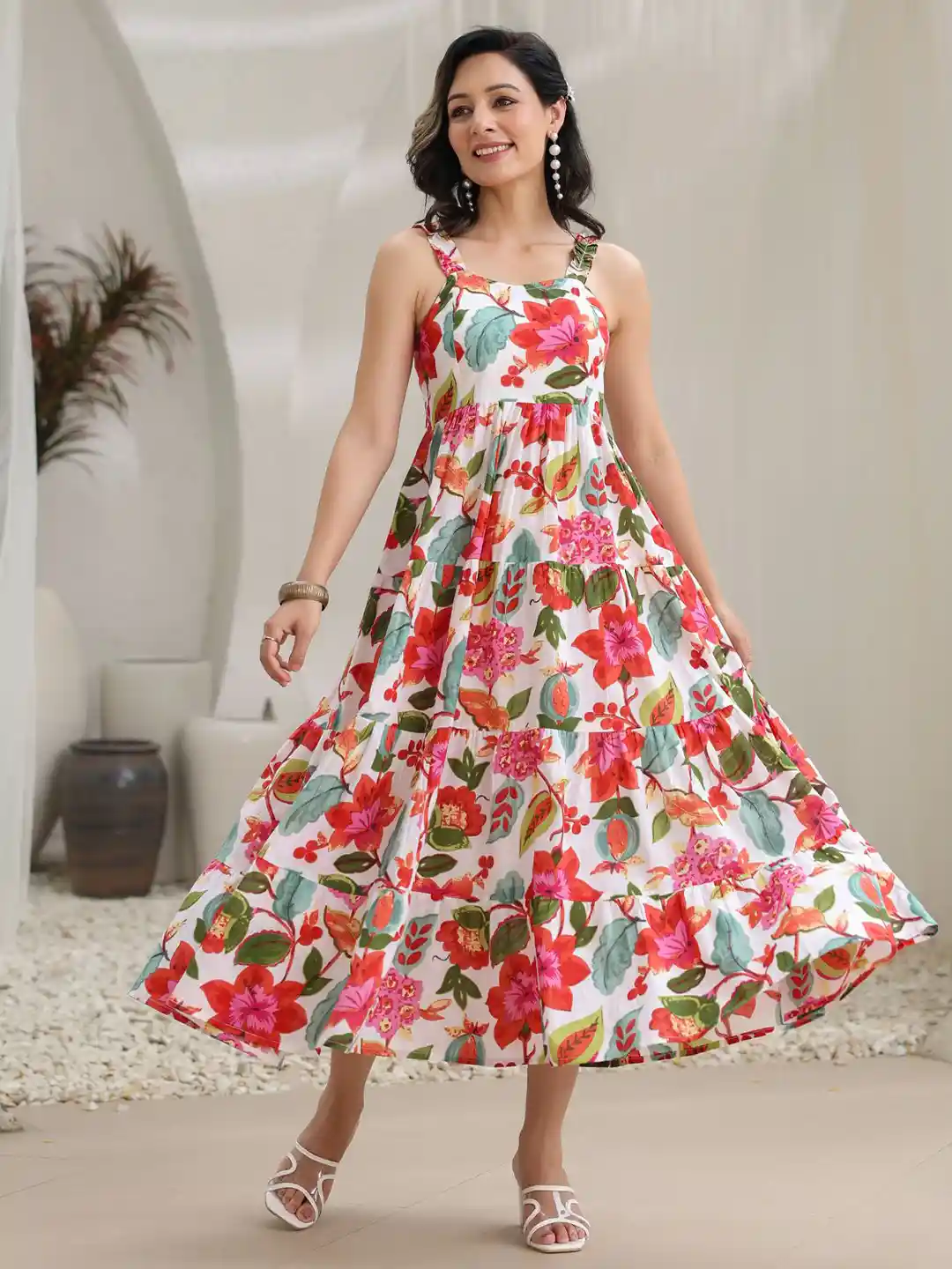 Buy Rain Rainbow Floral Printed Pure Cotton Fit Flare Midi