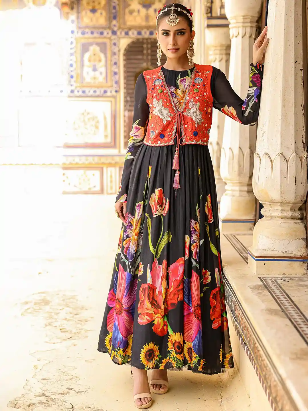 Buy SCAKHI Printed Maxi Ethnic Dress With Embellished Jacket