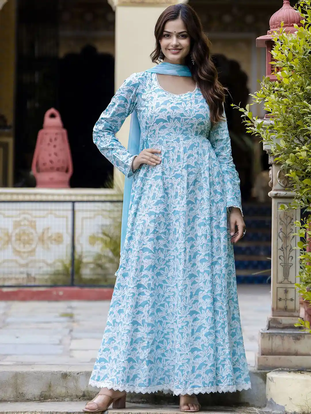 Buy Anouk Floral Printed Pure Cotton Panelled Anarkali Kurta With