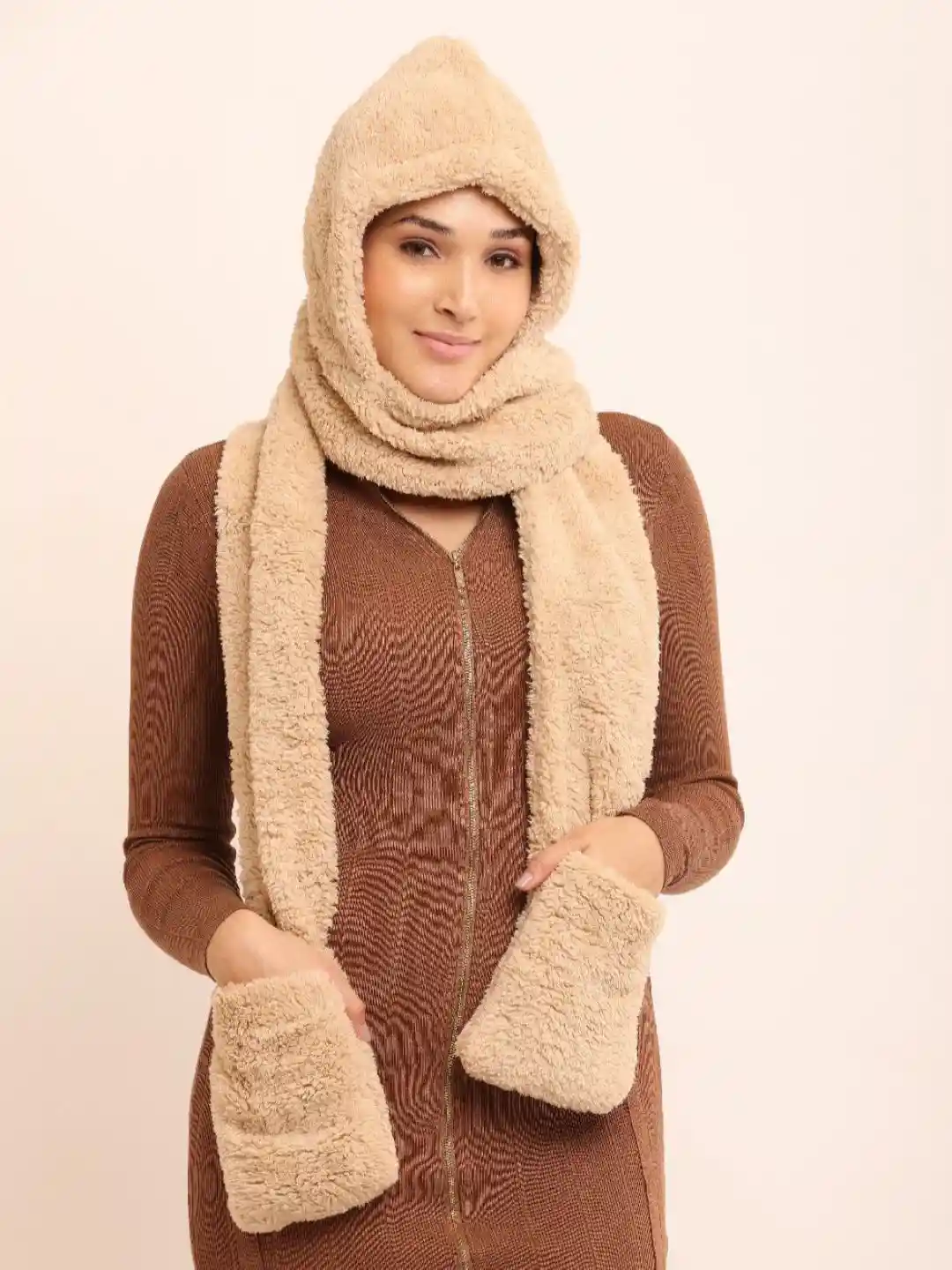 Buy Poftik Women Woolen Muffler Cap Attached Scarf Cap And Gloves