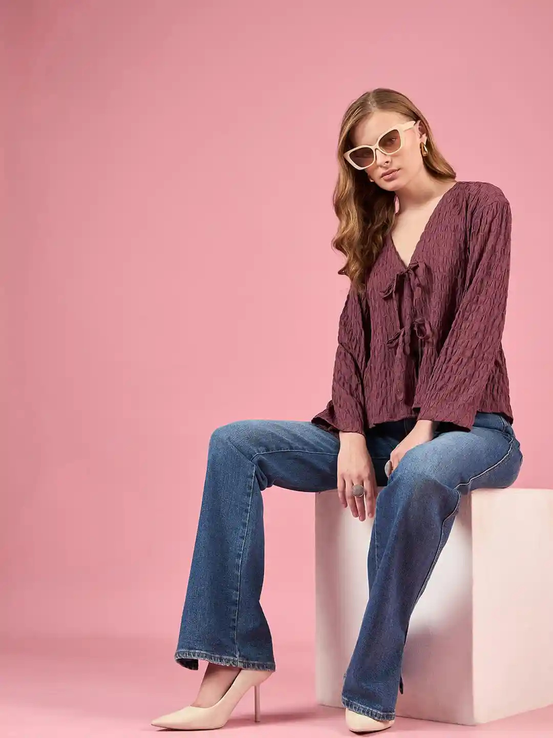 Buy DressBerry Women Self Design Tie-Up Neck Top Tops for Women