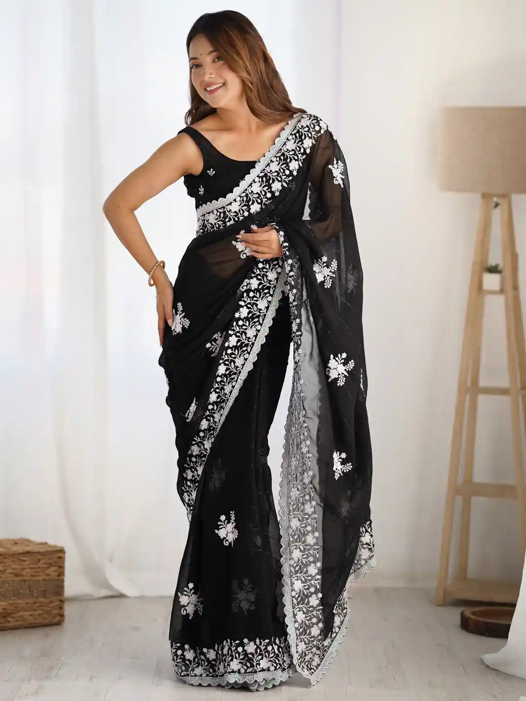 Buy Anouk Floral Sequinned Poly Black Georgette Party Wear Saree