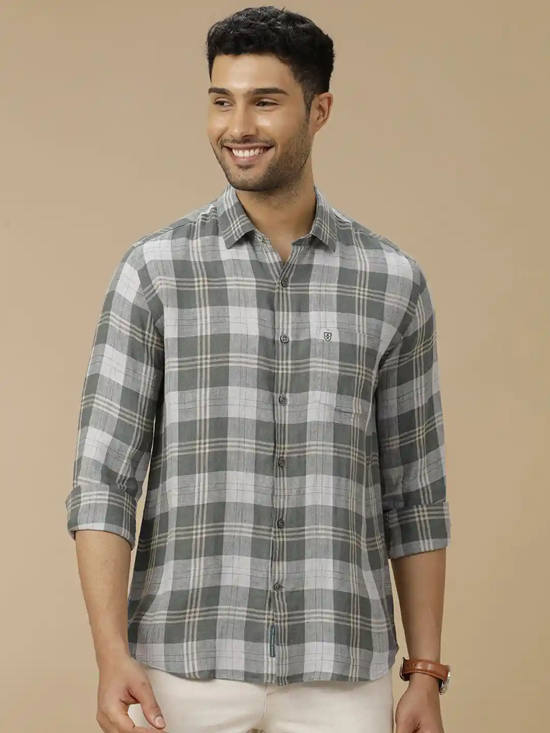 Buy Linen Club Men Contemporary Spread Collar Tartan Checked Slim