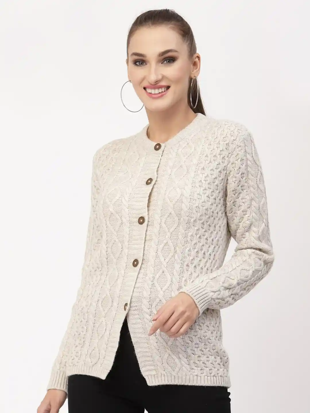 Kalt Women Beige Cable Knit Cardigan