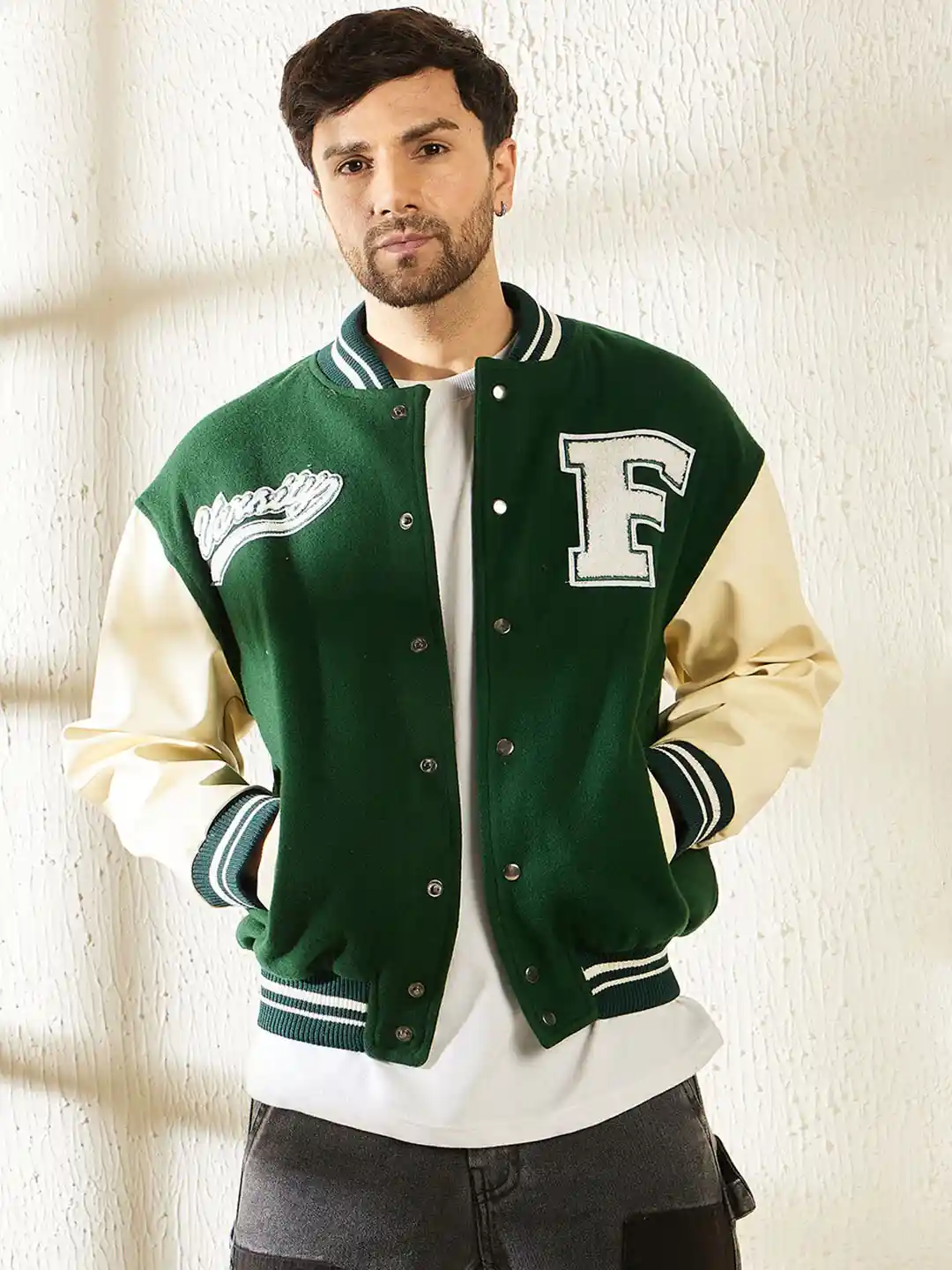 Buy FUGAZEE Men Green Varsity Jacket with Patchwork Jackets for