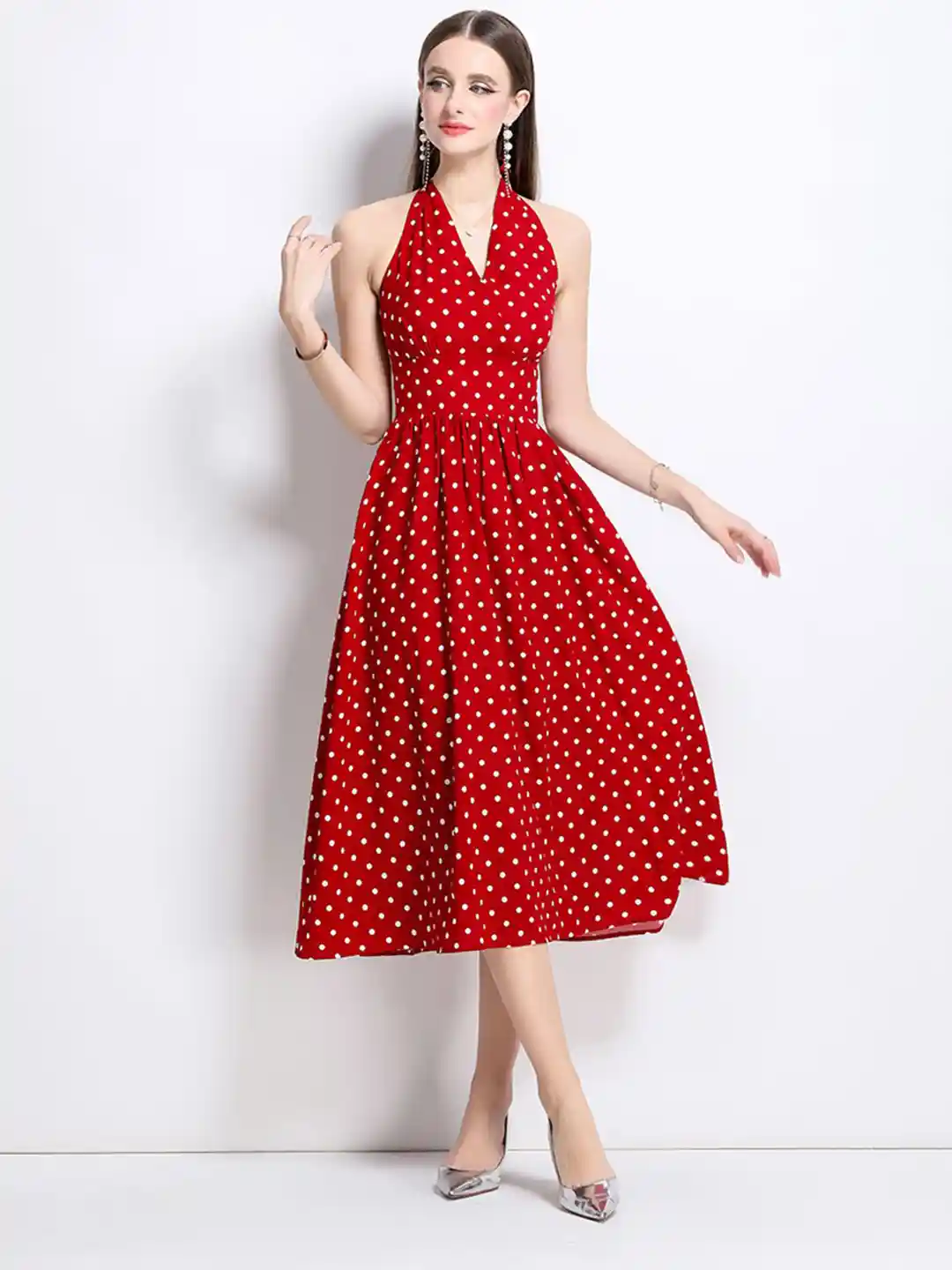 JC Collection Women Polka Dots Print Halter Neck Midi Fit Flare Dress