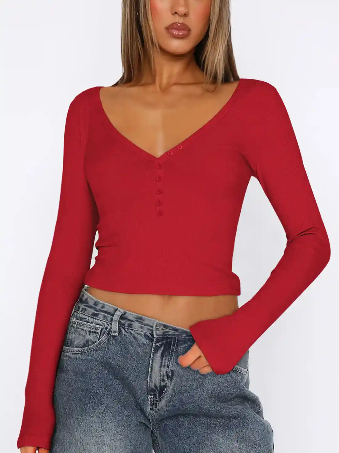 Outzidr Women Solid V-Neck Cotton Crop Fitted Top