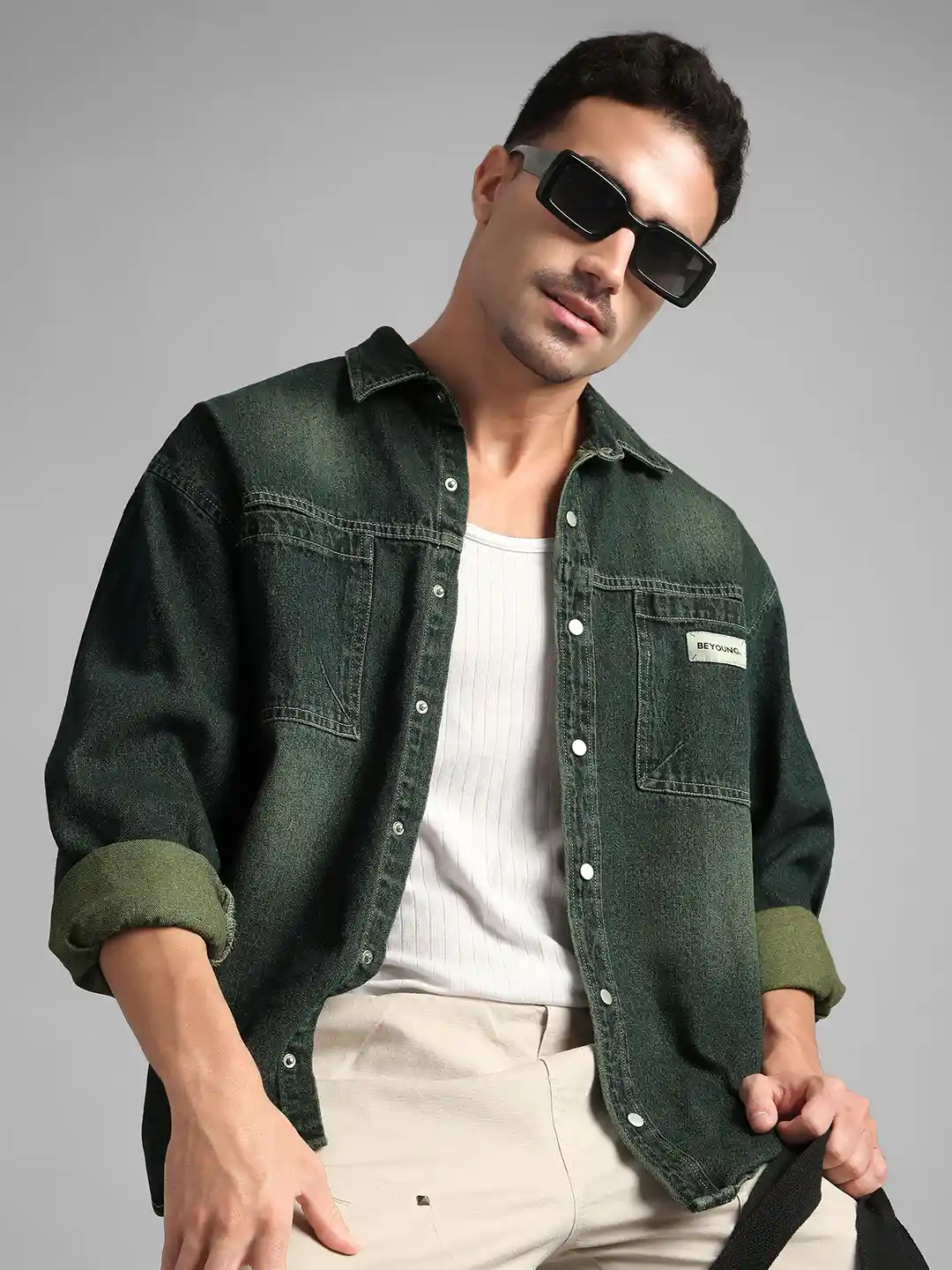 Beyoung Men Classic Faded Vintage Wash Relaxed Fit Wrinkle Free Cotton  Denim Shirt