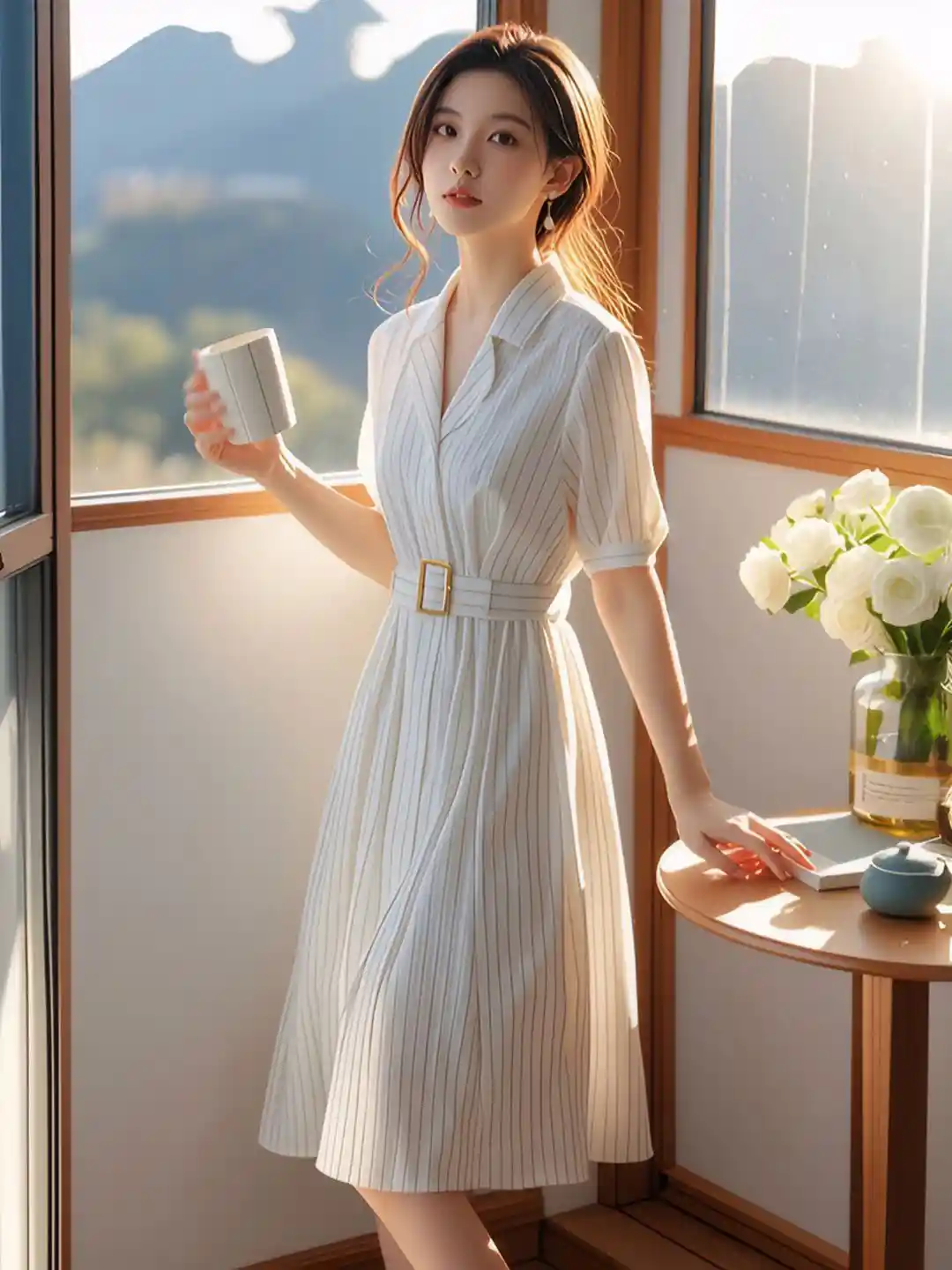 Buy bebe White Pinstripe Collared Belted Waist Short Sleeves Midi