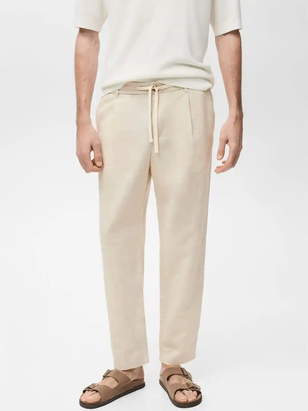 MANGO MAN Linen Cotton Slim Fit Pleated Trousers