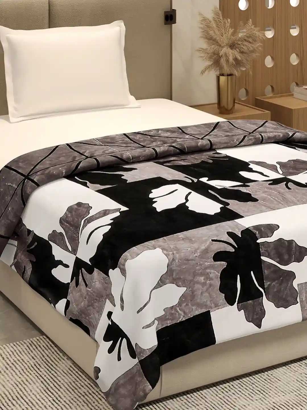 Buy Monte Carlo Grey Black Floral Printed AC Room 350 GSM Single