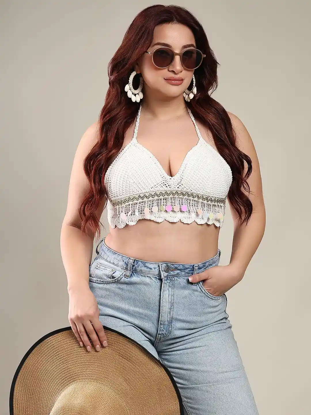 Buy BRACHY Halter Self Design Neck Bralette Crochet Crop Top