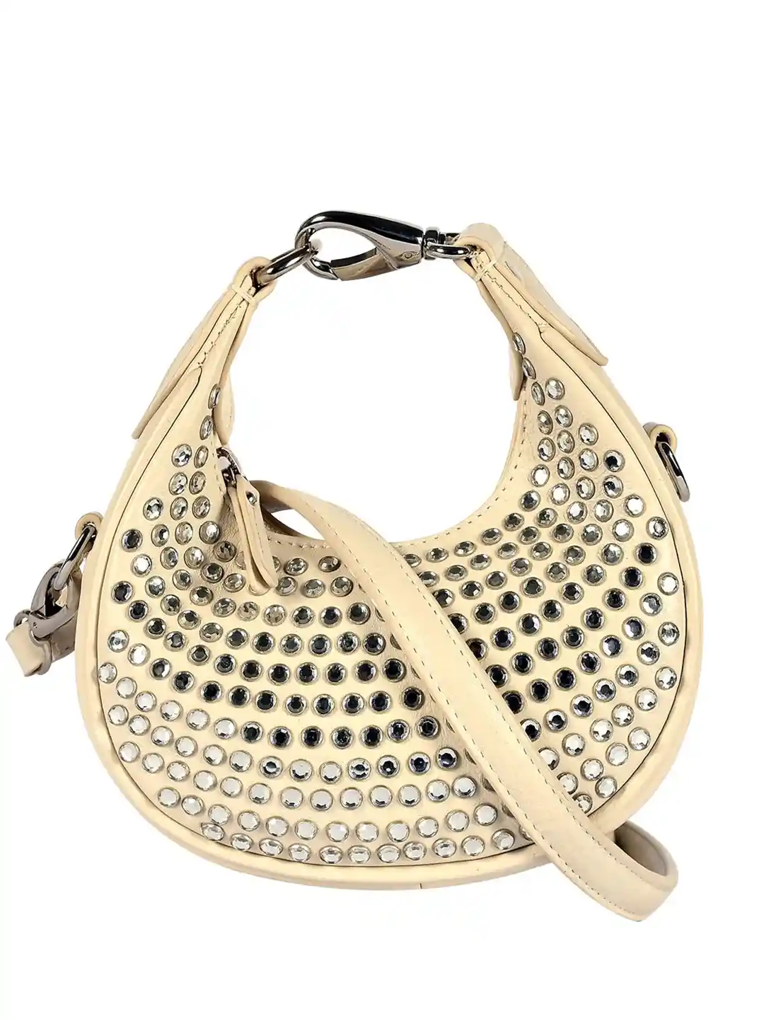 eske Women White Embellished Moon Shape Versatile Strap Leather Hobo  Shoulder Bag