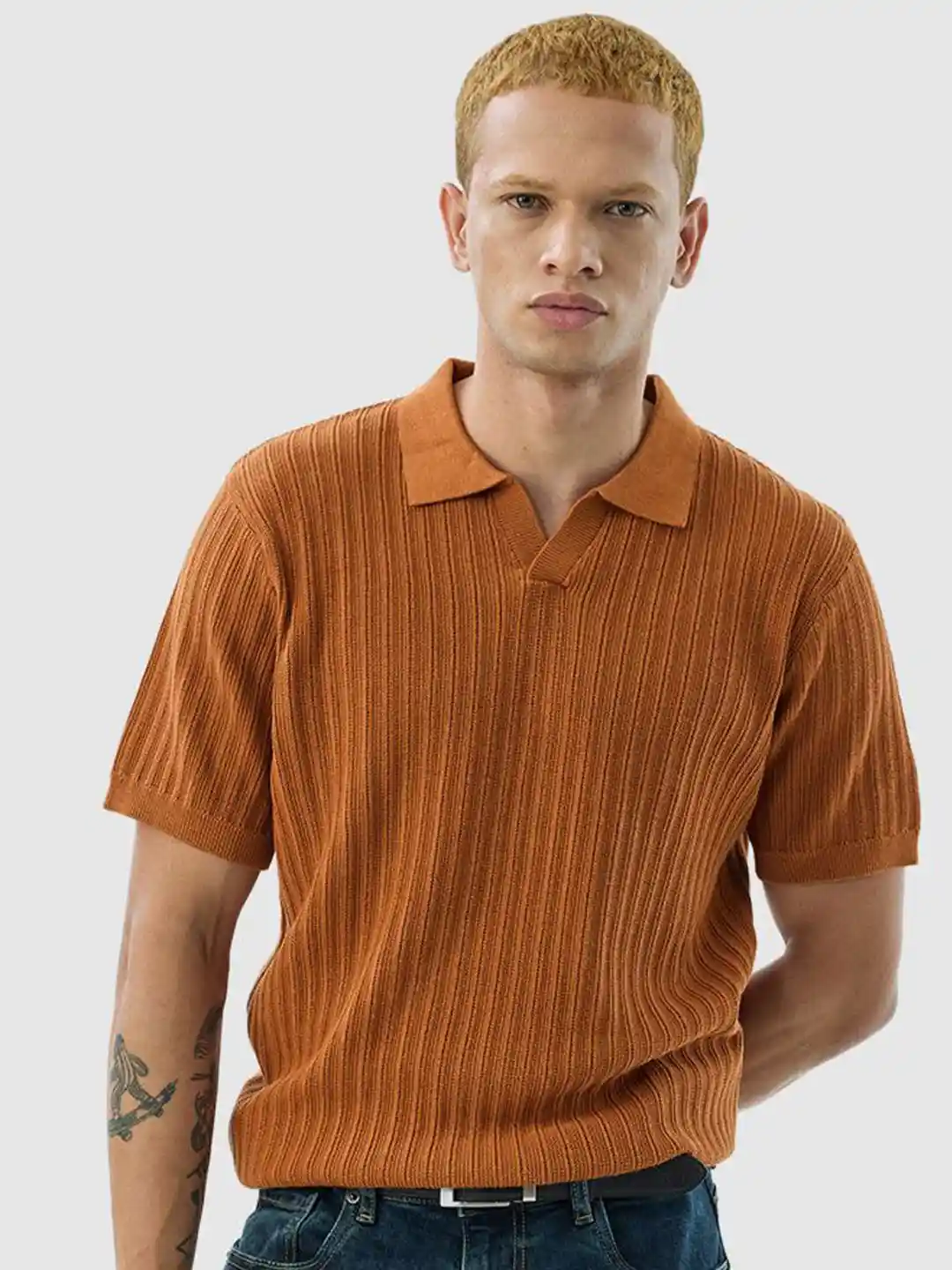 Snitch Men Cotton Terracotta Textured T-Shirt - Main Image