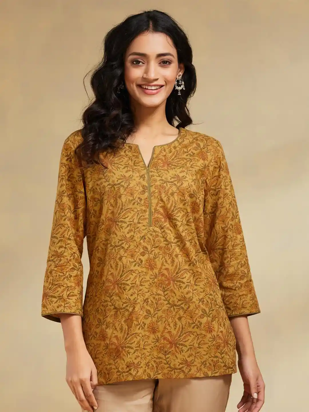 Buy Fabindia Floral Printed Notch Neck Pure Cotton Straight Kurta