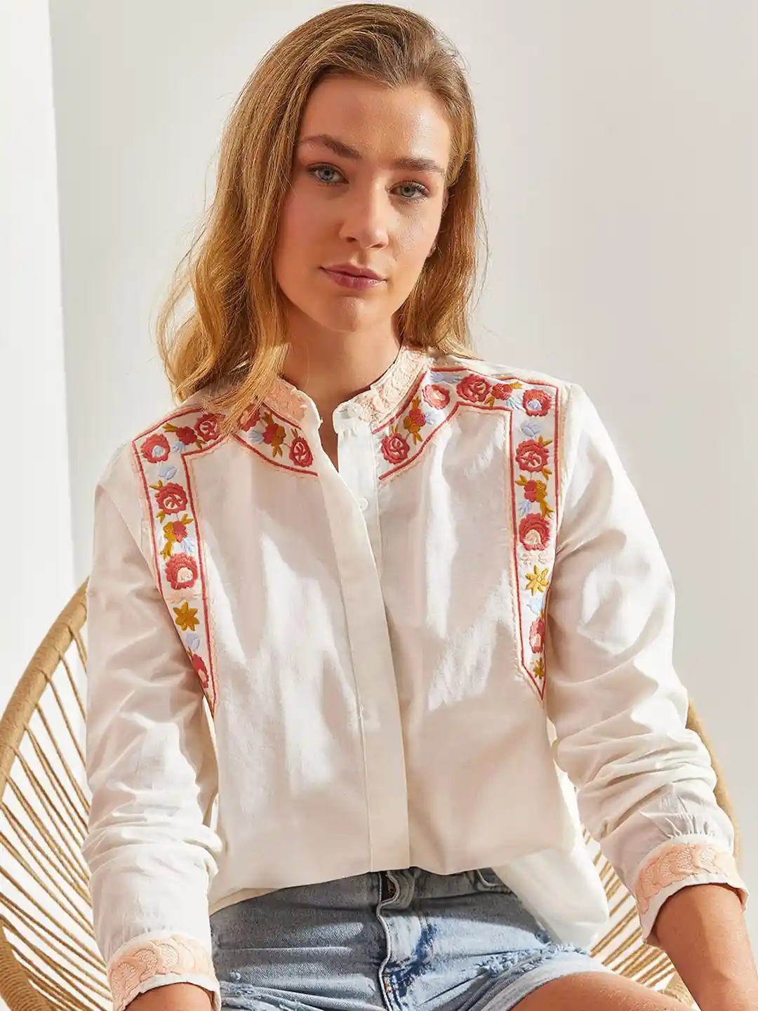 Buy BIANCO LUCCI Women Floral Printed Mandarin Collar Casual Shirt