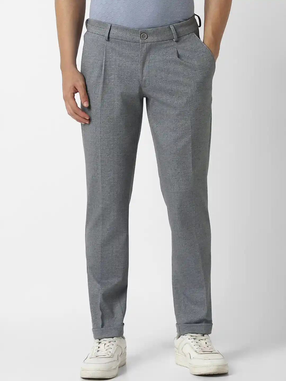 Buy Van Heusen Men Textured Slim Fit Pleated Trousers Trousers - Main Image