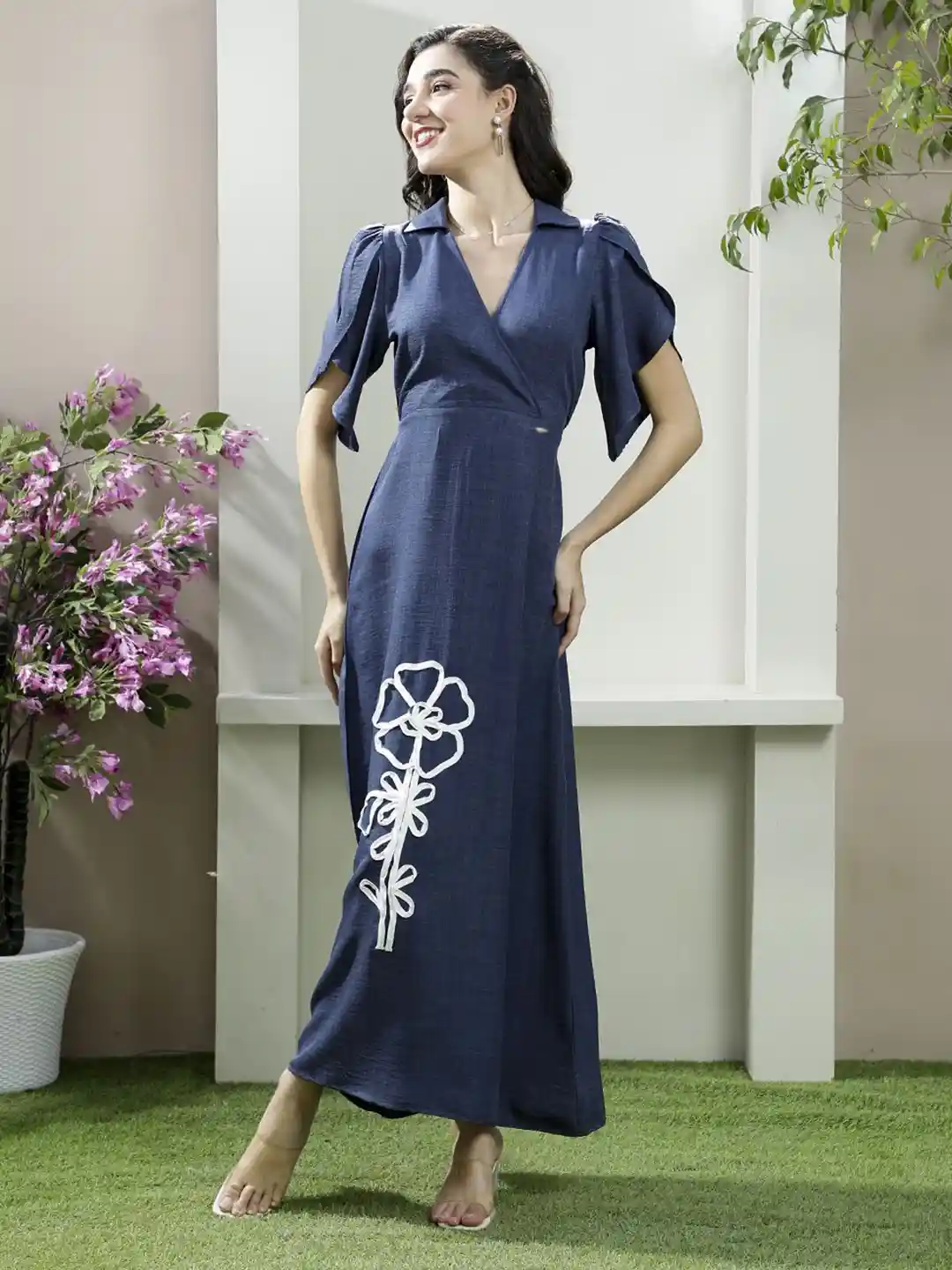 Boho By Athena Women Applique Batwing Sleeve Linen Maxi Dress