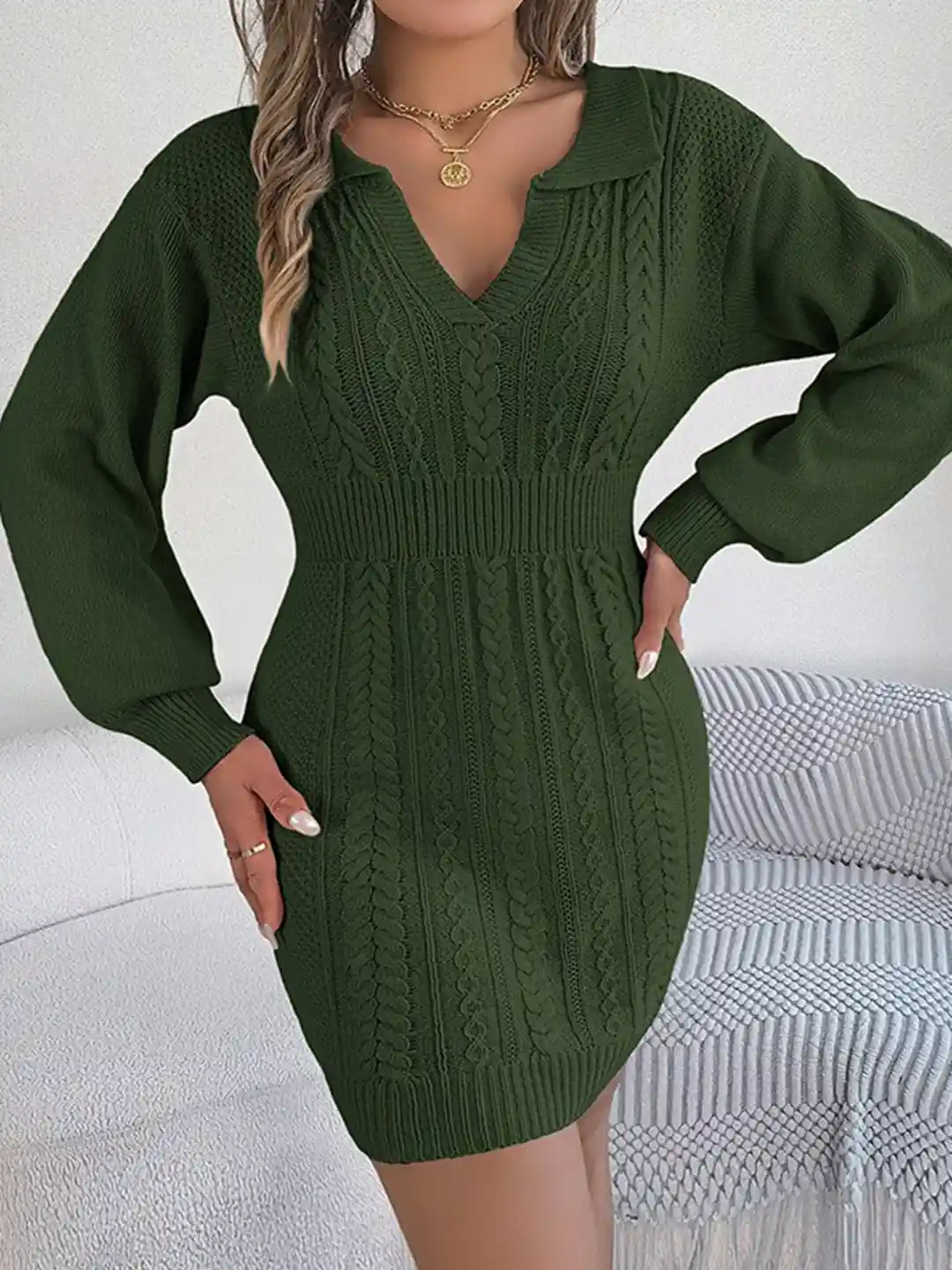 StyleCast Green Self Design V-Neck Long Sleeve Acrylic Bodycon Mini Dress