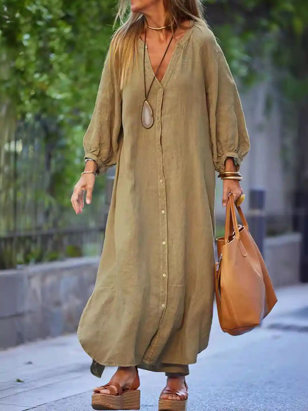 StyleCast Solid V-Neck Bishop Sleeves Maxi Shirt Dress