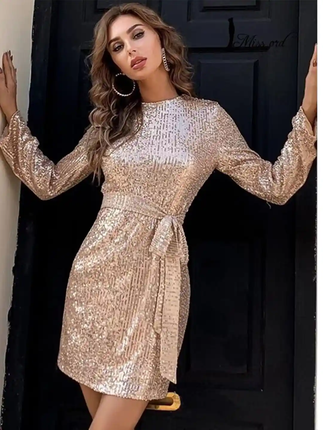 Gold Sequin Embellished Waist Tie-Up Mini Dress