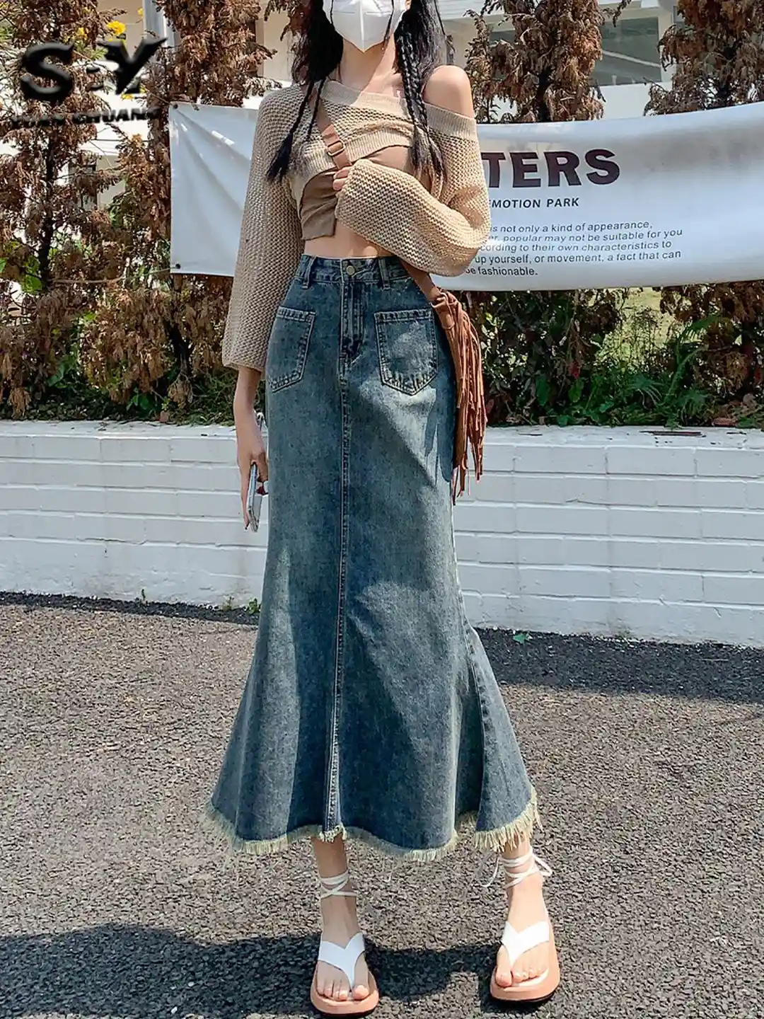 Buy StyleCast Women Denim Solid A-Line Frayed Denim Midi Skirt