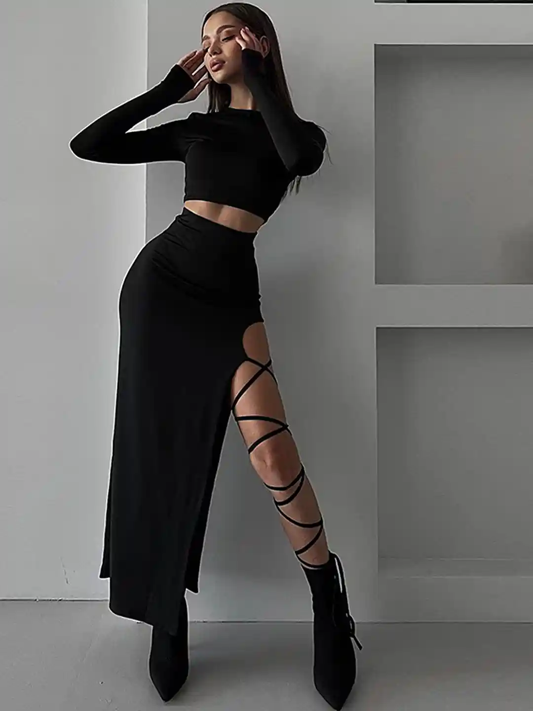 Buy LULU SKY Round Neck Crop Top High-Rise Maxi Lace-Up Skirt