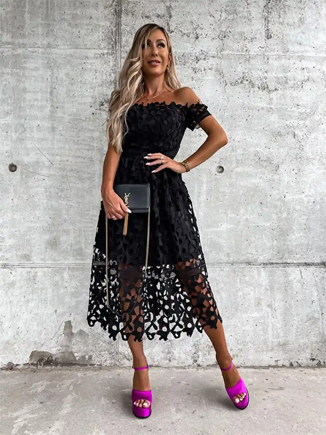 Black Abstract Off-Shoulder Lace Up Fit Flare Midi Dress
