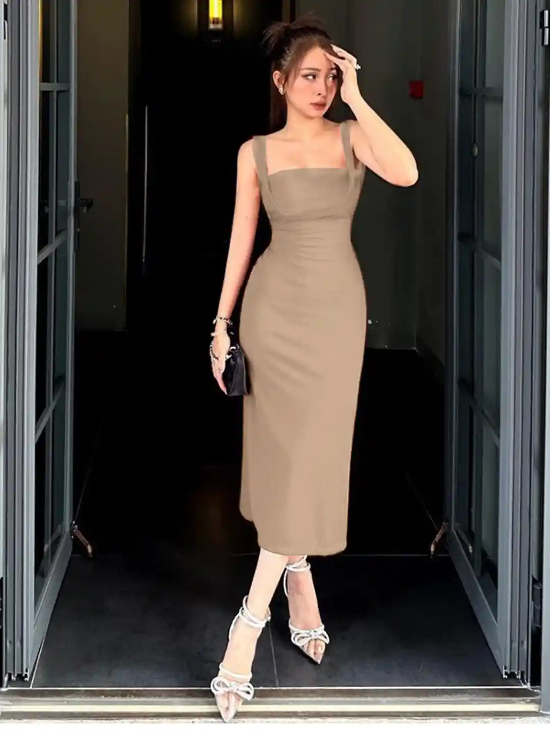 StyleCast Brown Shoulder Straps Bodycon Midi Dress