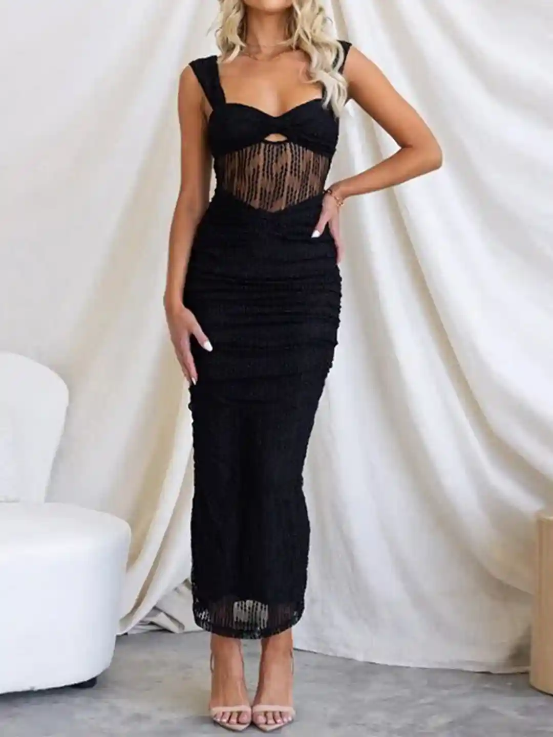 Buy StyleCast Black Sleeveless Semi Sheer Ruched Maxi Dress
