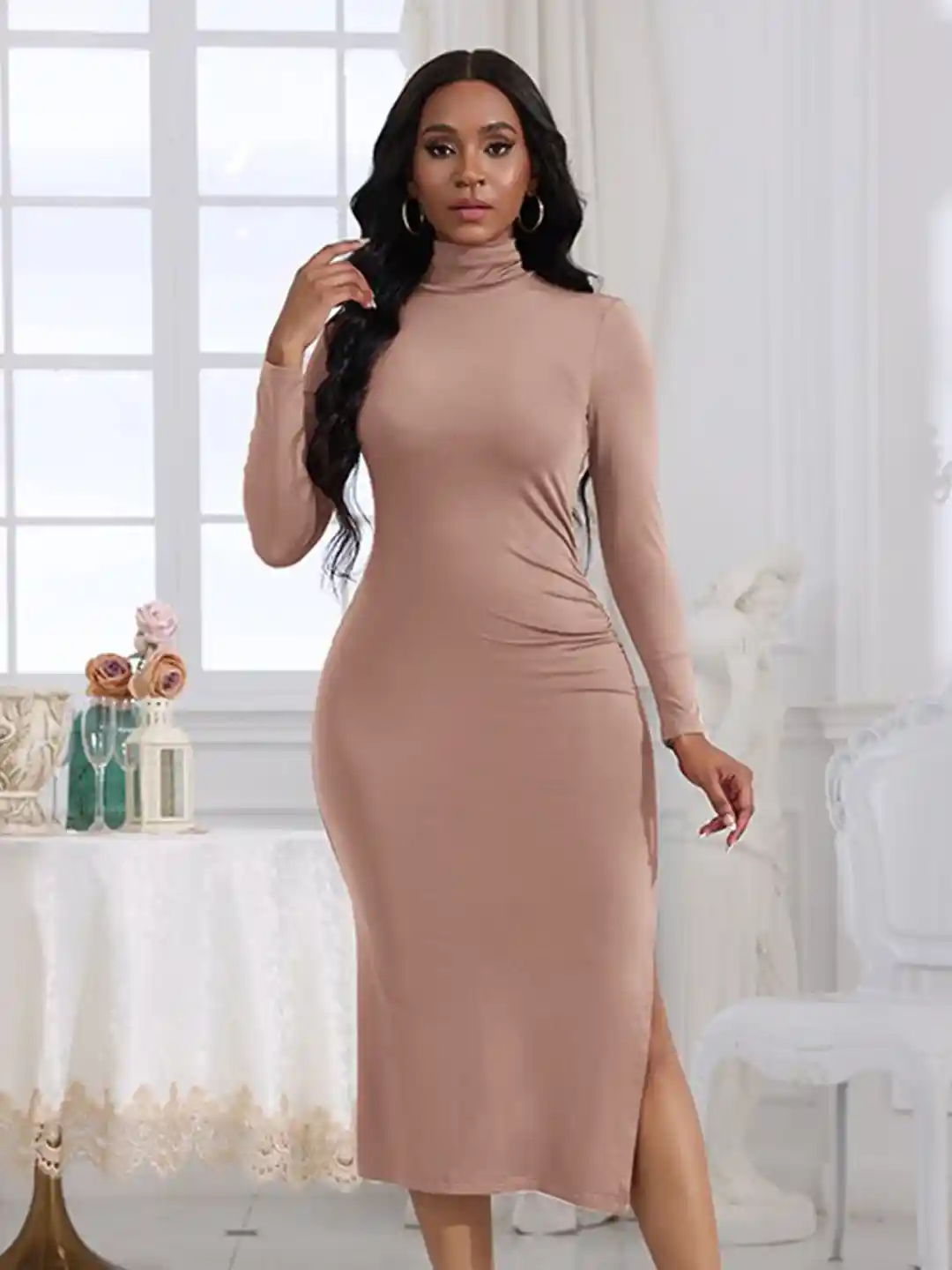 StyleCast Beige Mock Neck Bodycon Midi Dress